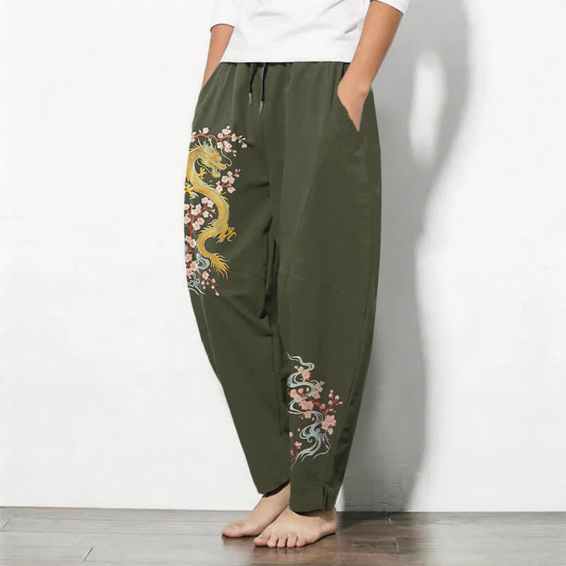 Buddha Stones Pure Cotton Golden Dragon Blossom Pattern Drawstring Men's Tapered Pants With Pockets - image 12