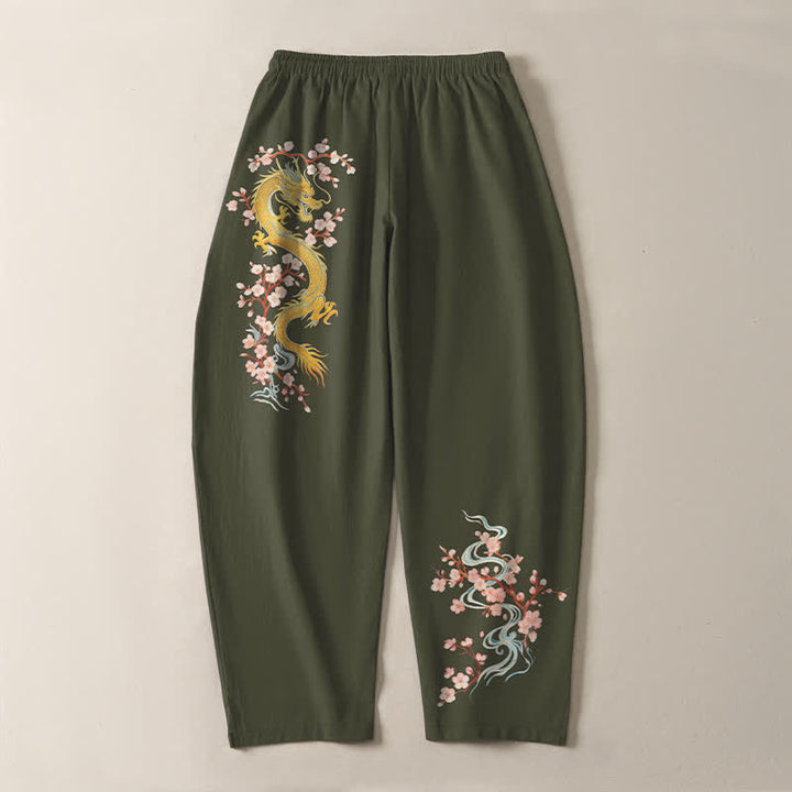 Buddha Stones Pure Cotton Golden Dragon Blossom Pattern Drawstring Men's Tapered Pants With Pockets - image 14