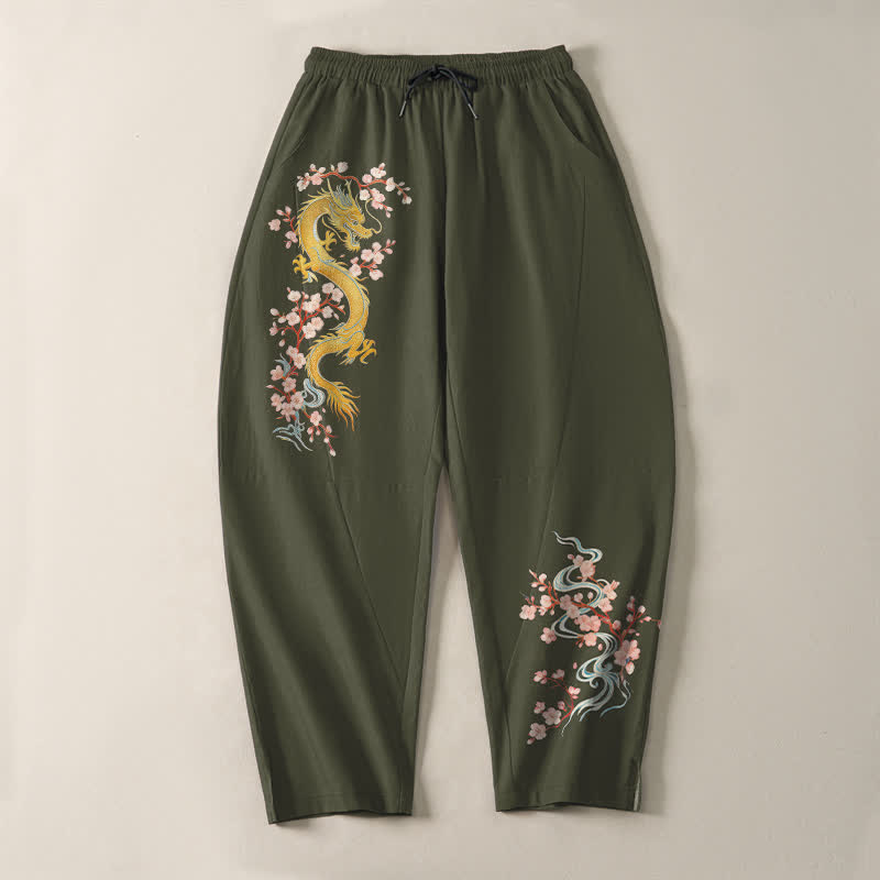 Buddha Stones Pure Cotton Golden Dragon Blossom Pattern Drawstring Men's Tapered Pants With Pockets - image 13