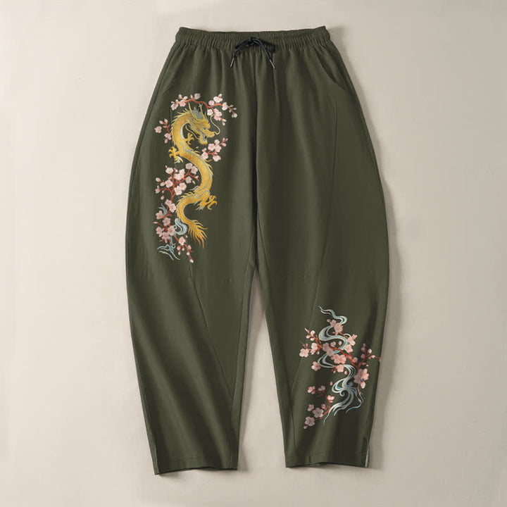 Buddha Stones Pure Cotton Golden Dragon Blossom Pattern Drawstring Men's Tapered Pants With Pockets - image 13