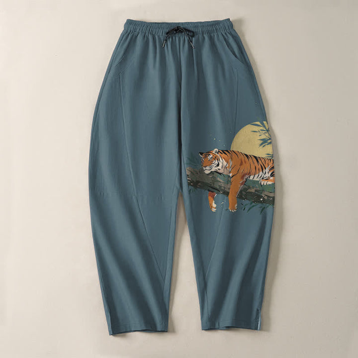Buddha Stones Pure Cotton Reclining Tiger Moon Pattern Drawstring Men's Tapered Pants With Pockets - image 2