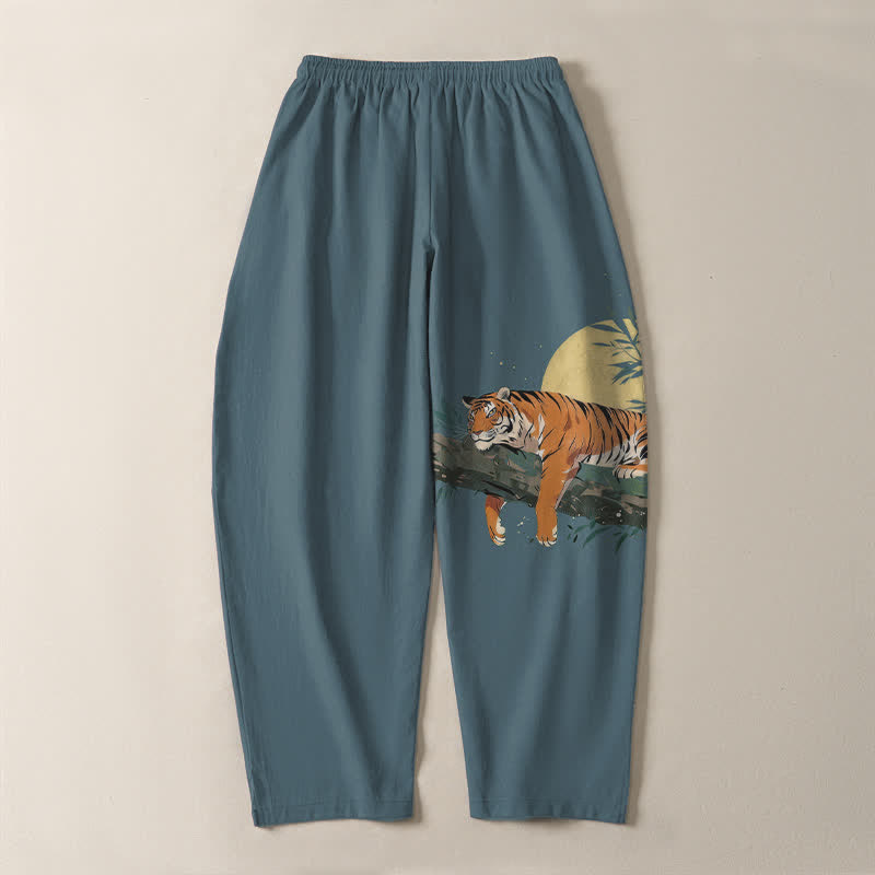 Buddha Stones Pure Cotton Reclining Tiger Moon Pattern Drawstring Men's Tapered Pants With Pockets - image 3