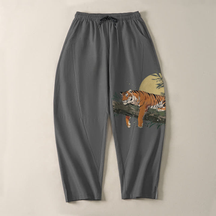 Buddha Stones Pure Cotton Reclining Tiger Moon Pattern Drawstring Men's Tapered Pants With Pockets - image 13