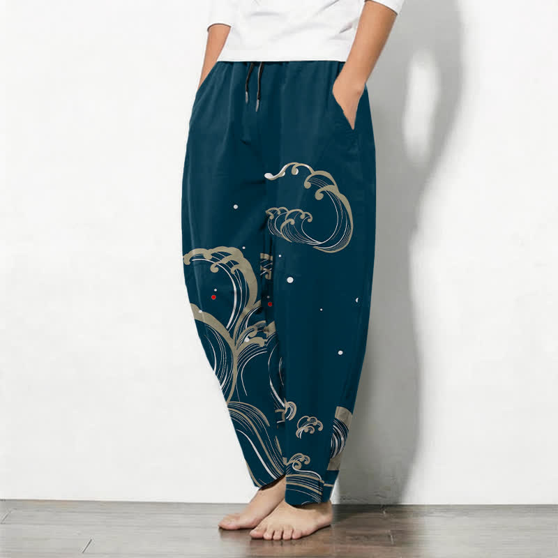 Buddha Stones Pure Cotton Ocean Tide Wave Pattern Drawstring Men's Tapered Pants With Pockets - image 1