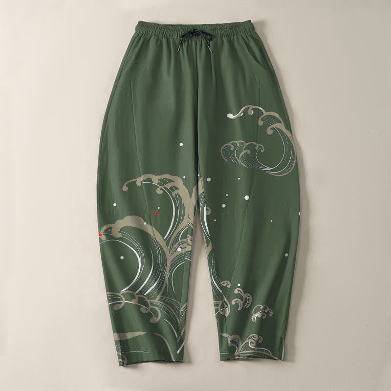 Buddha Stones Pure Cotton Ocean Tide Wave Pattern Drawstring Men's Tapered Pants With Pockets - image 13