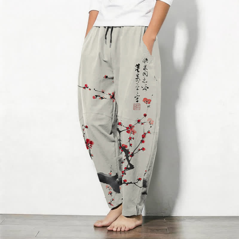 Buddha Stones Pure Cotton Calligraphy Plum Blossom Pattern Drawstring Men's Tapered Pants With Pockets - image 1
