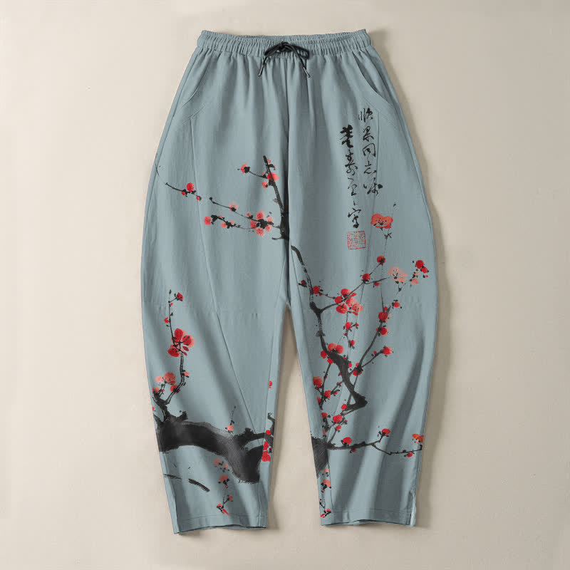 Buddha Stones Pure Cotton Calligraphy Plum Blossom Pattern Drawstring Men's Tapered Pants With Pockets - image 9