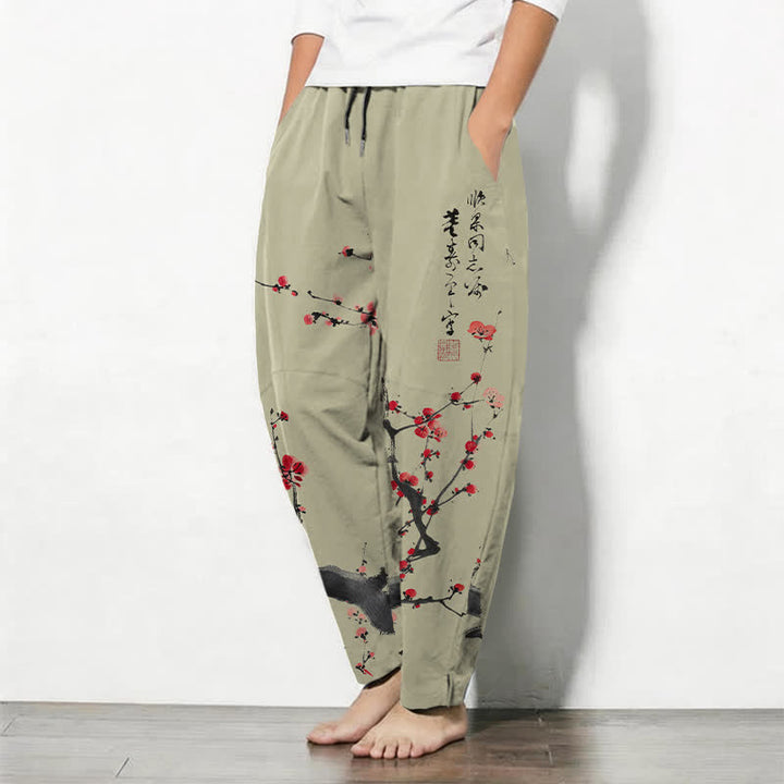 Buddha Stones Pure Cotton Calligraphy Plum Blossom Pattern Drawstring Men's Tapered Pants With Pockets - image 12