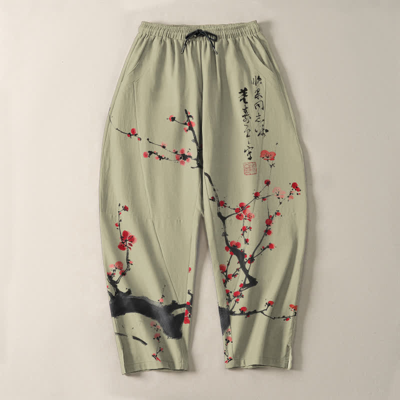 Buddha Stones Pure Cotton Calligraphy Plum Blossom Pattern Drawstring Men's Tapered Pants With Pockets - image 13