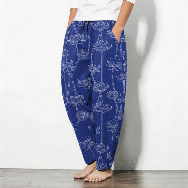 Buddha Stones Pure Cotton White Lotus Line Art Pattern Drawstring Men's Tapered Pants With Pockets - image 1