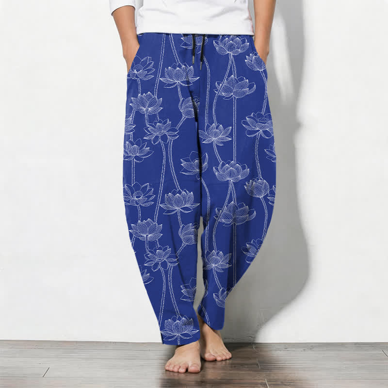 Buddha Stones Pure Cotton White Lotus Line Art Pattern Drawstring Men's Tapered Pants With Pockets - RoyalBlue - US/UK/AU50，EU60 (5XL) - image 0