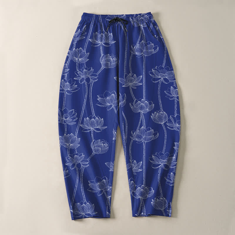 Buddha Stones Pure Cotton White Lotus Line Art Pattern Drawstring Men's Tapered Pants With Pockets - image 2