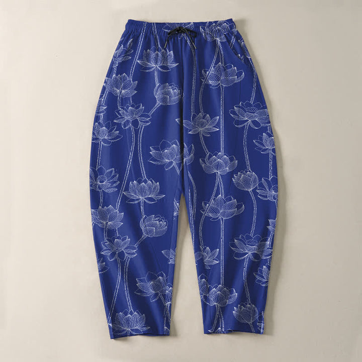 Buddha Stones Pure Cotton White Lotus Line Art Pattern Drawstring Men's Tapered Pants With Pockets - image 2