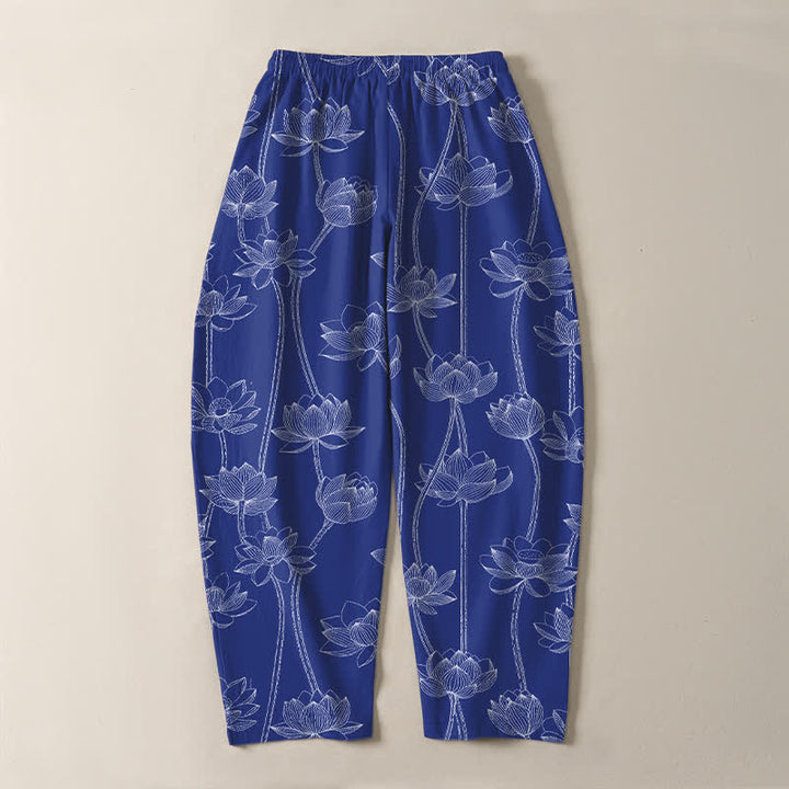 Buddha Stones Pure Cotton White Lotus Line Art Pattern Drawstring Men's Tapered Pants With Pockets - image 3