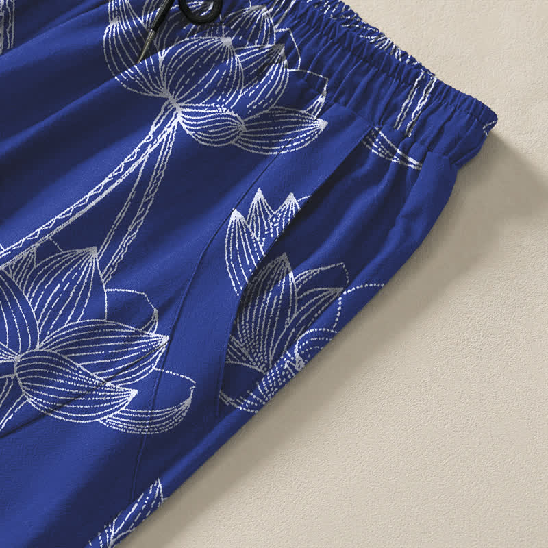Buddha Stones Pure Cotton White Lotus Line Art Pattern Drawstring Men's Tapered Pants With Pockets - image 4