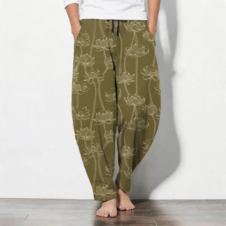 Buddha Stones Pure Cotton White Lotus Line Art Pattern Drawstring Men's Tapered Pants With Pockets - Olive - US/UK/AU50，EU60 (5XL) - image 7