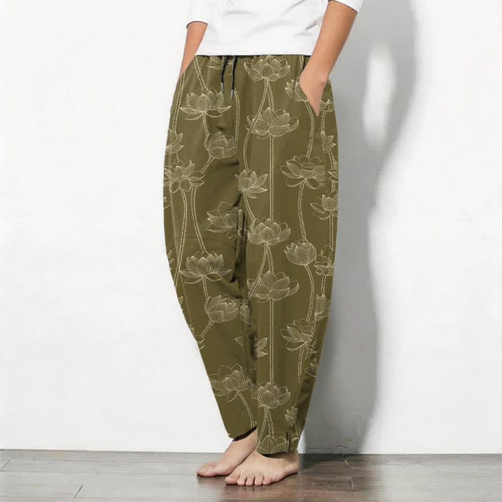 Buddha Stones Pure Cotton White Lotus Line Art Pattern Drawstring Men's Tapered Pants With Pockets - image 8