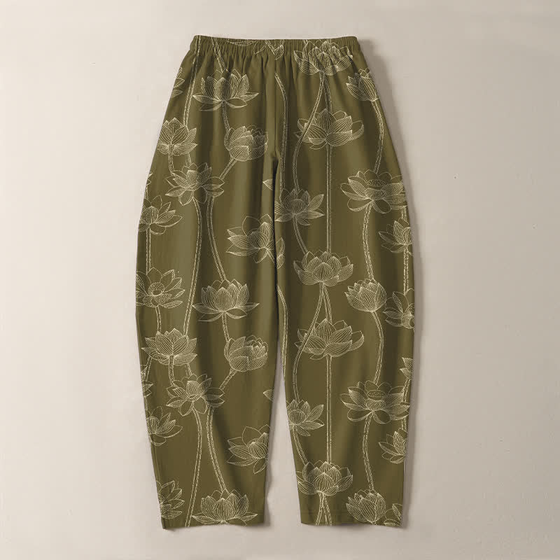Buddha Stones Pure Cotton White Lotus Line Art Pattern Drawstring Men's Tapered Pants With Pockets - image 10