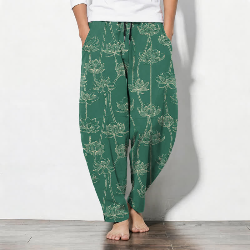 Buddha Stones Pure Cotton White Lotus Line Art Pattern Drawstring Men's Tapered Pants With Pockets - SeaGreen - US/UK/AU50，EU60 (5XL) - image 11