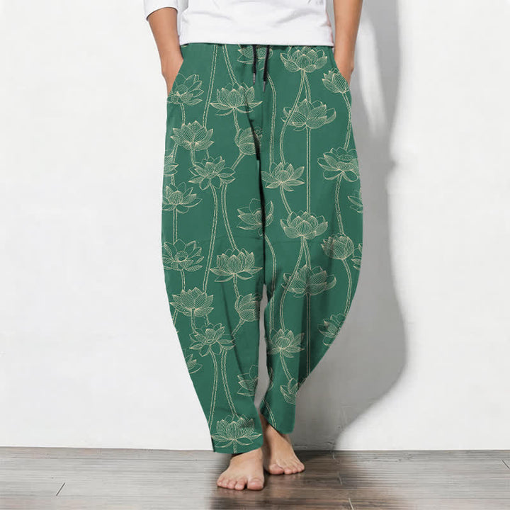 Buddha Stones Pure Cotton White Lotus Line Art Pattern Drawstring Men's Tapered Pants With Pockets - SeaGreen - US/UK/AU50，EU60 (5XL) - image 11