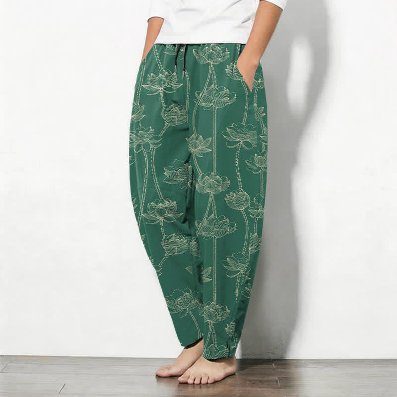 Buddha Stones Pure Cotton White Lotus Line Art Pattern Drawstring Men's Tapered Pants With Pockets - image 12