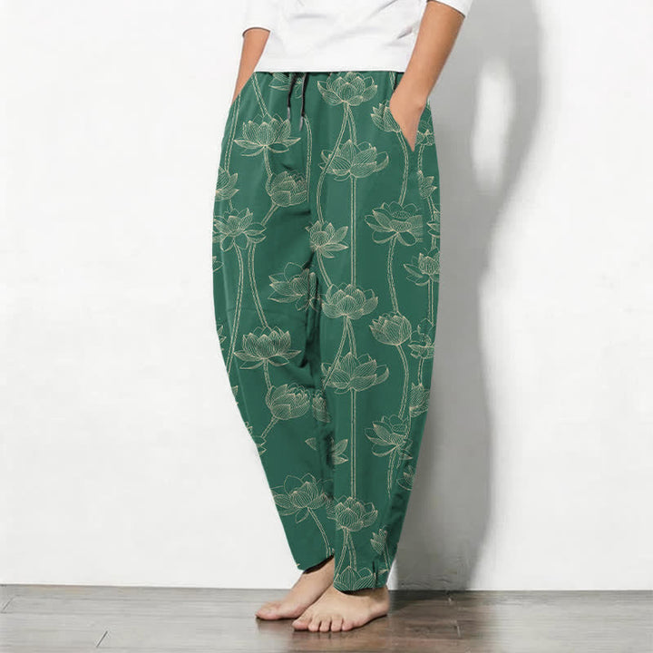 Buddha Stones Pure Cotton White Lotus Line Art Pattern Drawstring Men's Tapered Pants With Pockets - image 12