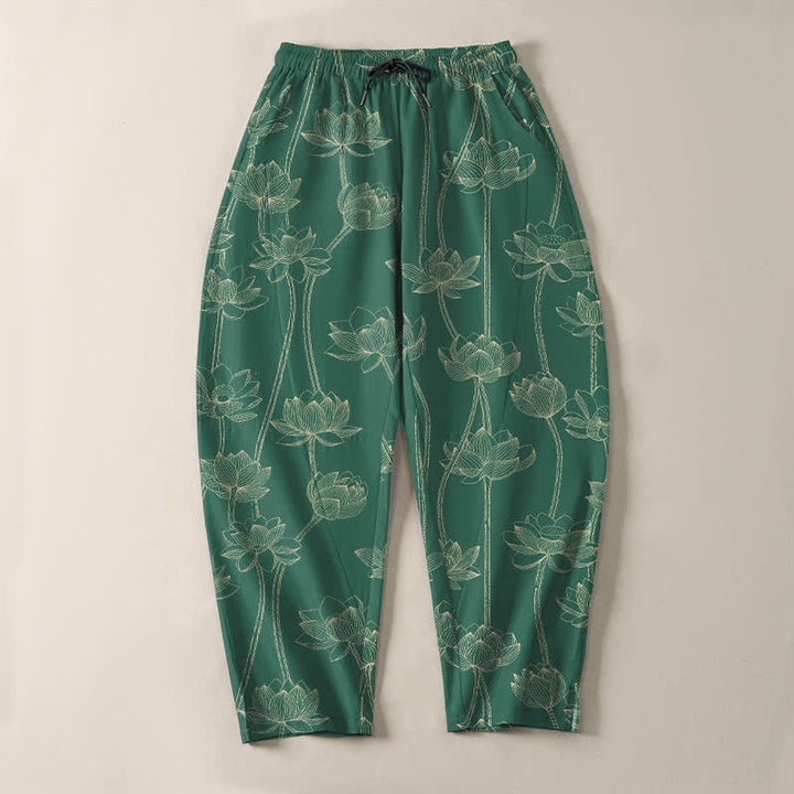 Buddha Stones Pure Cotton White Lotus Line Art Pattern Drawstring Men's Tapered Pants With Pockets - image 13