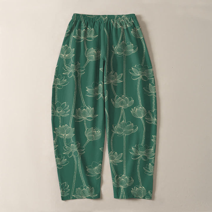 Buddha Stones Pure Cotton White Lotus Line Art Pattern Drawstring Men's Tapered Pants With Pockets - image 14