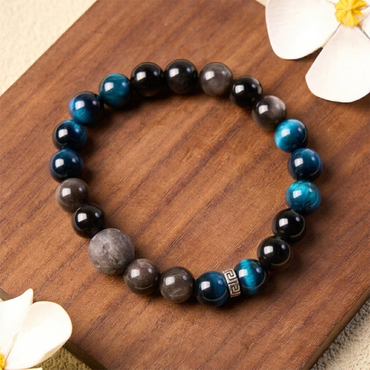 Buddha Stones Blue Tiger Eye Silver Sheen Obsidian Couple Positive Bracelet - image 9