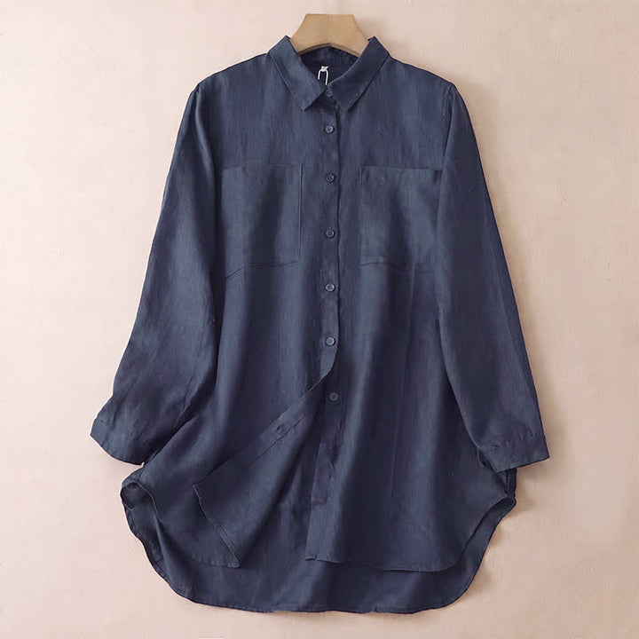 Buddha Stones Spring Fall Casual Minimalist Button-Up Solid Women's Long Sleeve Shirts With Patch Pockets - MidnightBlue - US8-10, UK/AU12-14, EU40-42 (2XL) - image 9