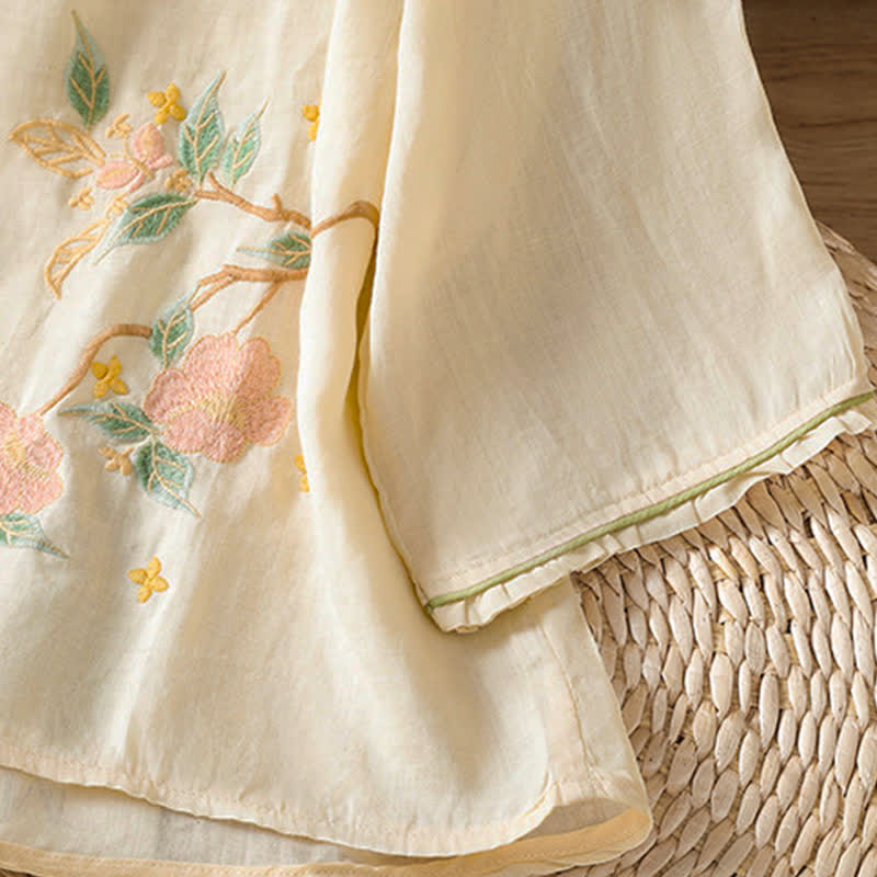Buddha Stones Summer Tang Style Vintage Embroidery Floral Leaves Women's Elbow-Length Sleeve Shirts - image 3