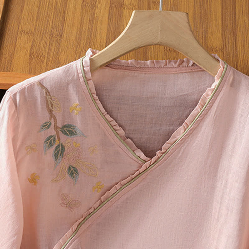 Buddha Stones Summer Tang Style Vintage Embroidery Floral Leaves Women's Elbow-Length Sleeve Shirts - image 6