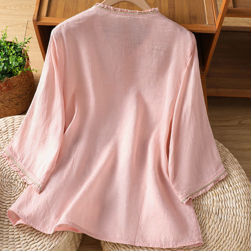 Buddha Stones Summer Tang Style Vintage Embroidery Floral Leaves Women's Elbow-Length Sleeve Shirts - image 5