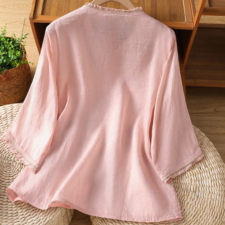 Buddha Stones Summer Tang Style Vintage Embroidery Floral Leaves Women's Elbow-Length Sleeve Shirts - image 5