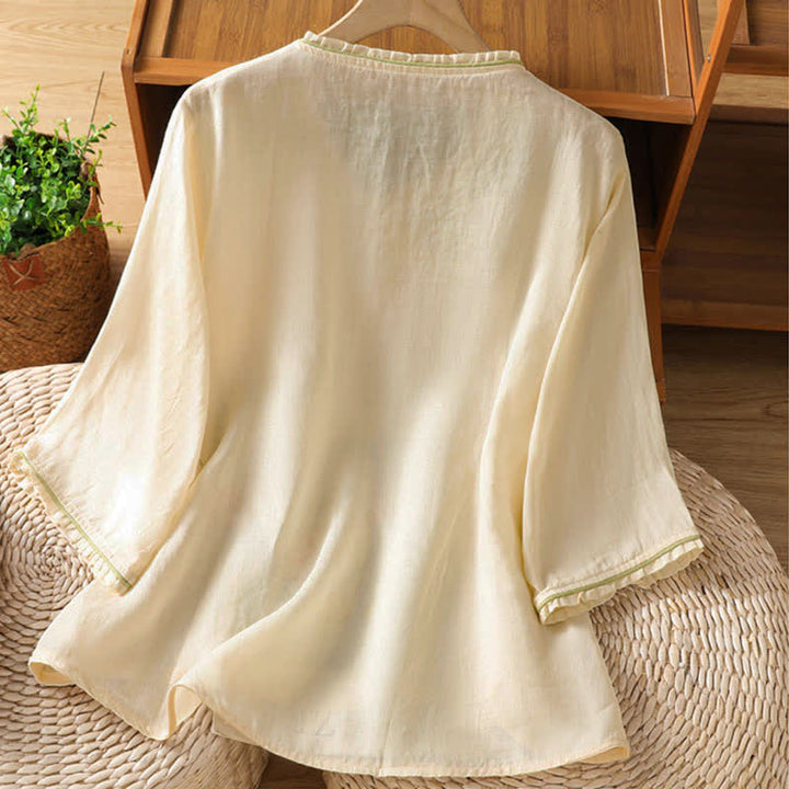 Buddha Stones Summer Tang Style Vintage Embroidery Floral Leaves Women's Elbow-Length Sleeve Shirts - image 1