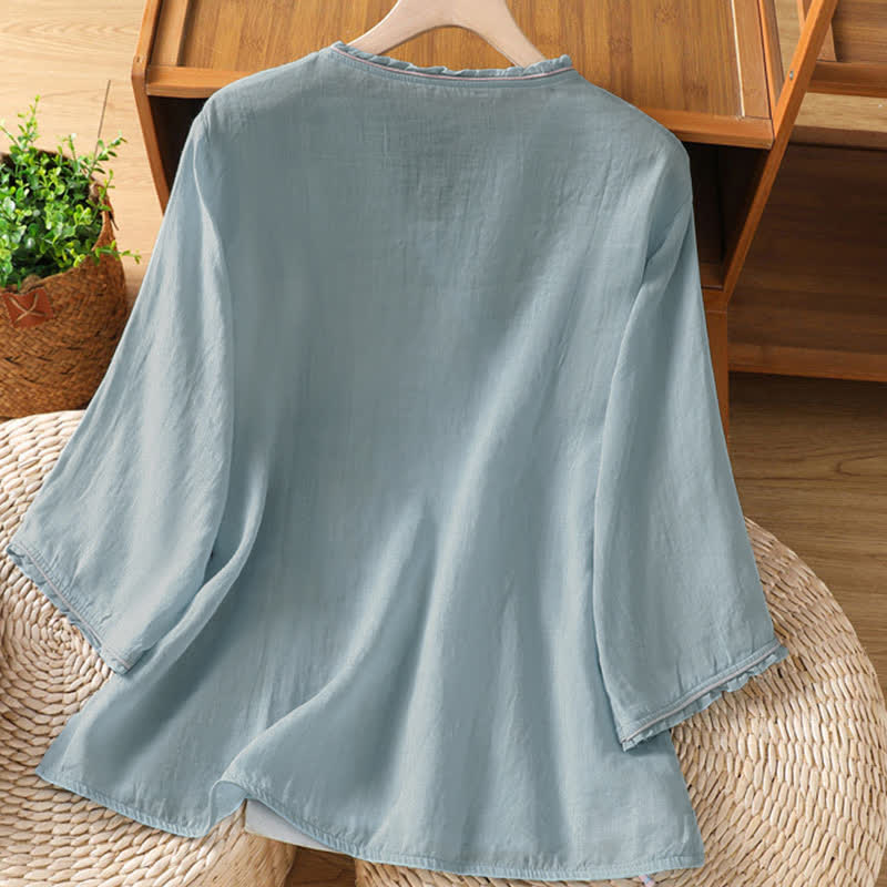 Buddha Stones Summer Tang Style Vintage Embroidery Floral Leaves Women's Elbow-Length Sleeve Shirts - image 19