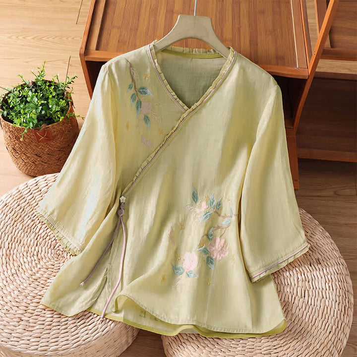 Buddha Stones Summer Tang Style Vintage Embroidery Floral Leaves Women's Elbow-Length Sleeve Shirts - PaleGoldenrod - US8-10, UK/AU12-14, EU40-42 (2XL) - image 12