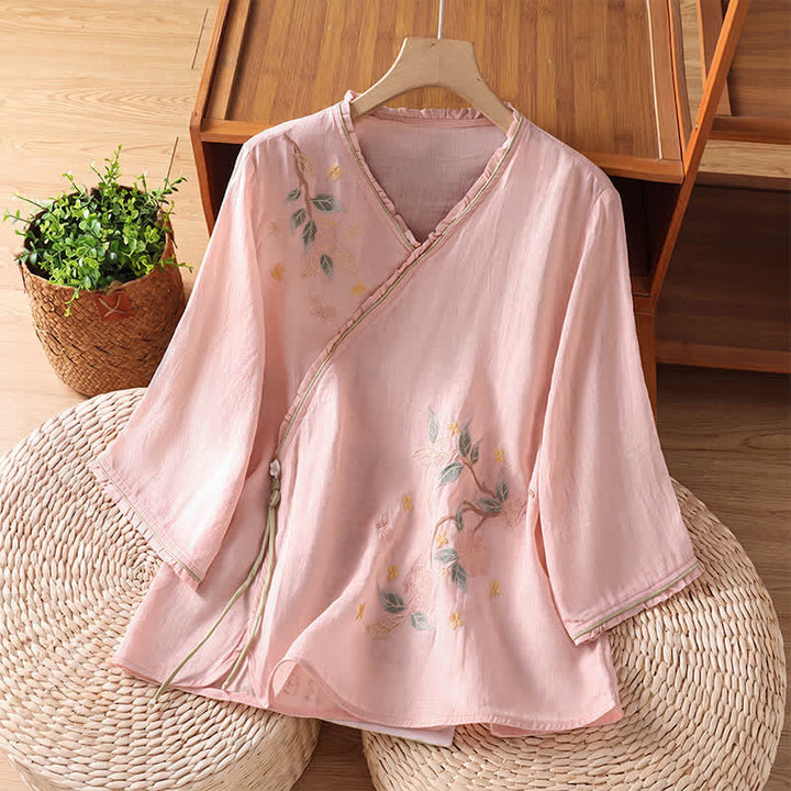 Buddha Stones Summer Tang Style Vintage Embroidery Floral Leaves Women's Elbow-Length Sleeve Shirts - LightPink - US8-10, UK/AU12-14, EU40-42 (2XL) - image 4