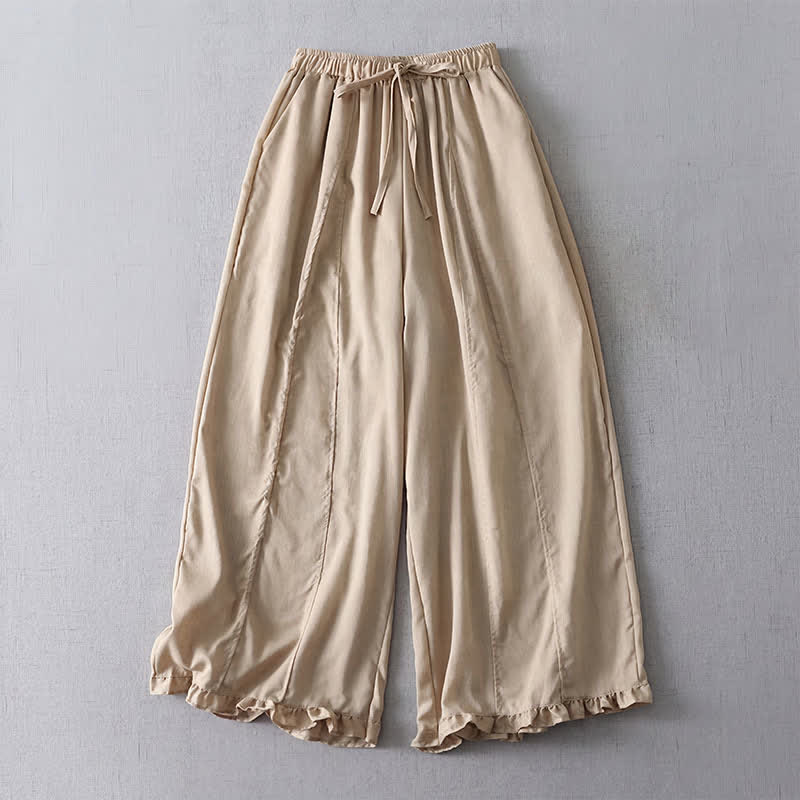 Buddha Stones Spring Summer Casual Minimalist Drawstring Solid Cropped Pleated Cuff Pants Women's Wide Leg Pants With Pockets - Tan - US8-10, UK/AU12-14, EU40-42 (2XL) - image 0