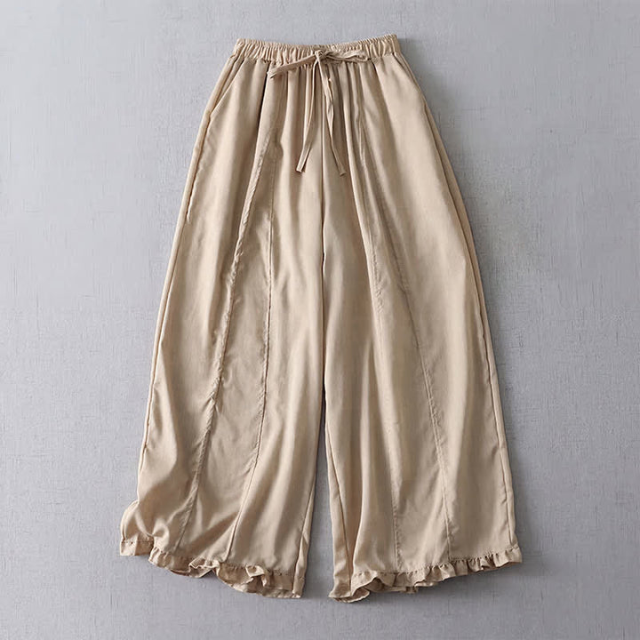 Buddha Stones Spring Summer Casual Minimalist Drawstring Solid Cropped Pleated Cuff Pants Women's Wide Leg Pants With Pockets - Tan - US8-10, UK/AU12-14, EU40-42 (2XL) - image 0
