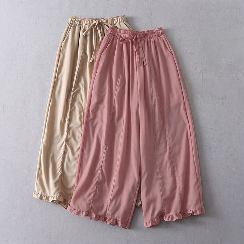 Buddha Stones Spring Summer Casual Minimalist Drawstring Solid Cropped Pleated Cuff Pants Women's Wide Leg Pants With Pockets - image 7