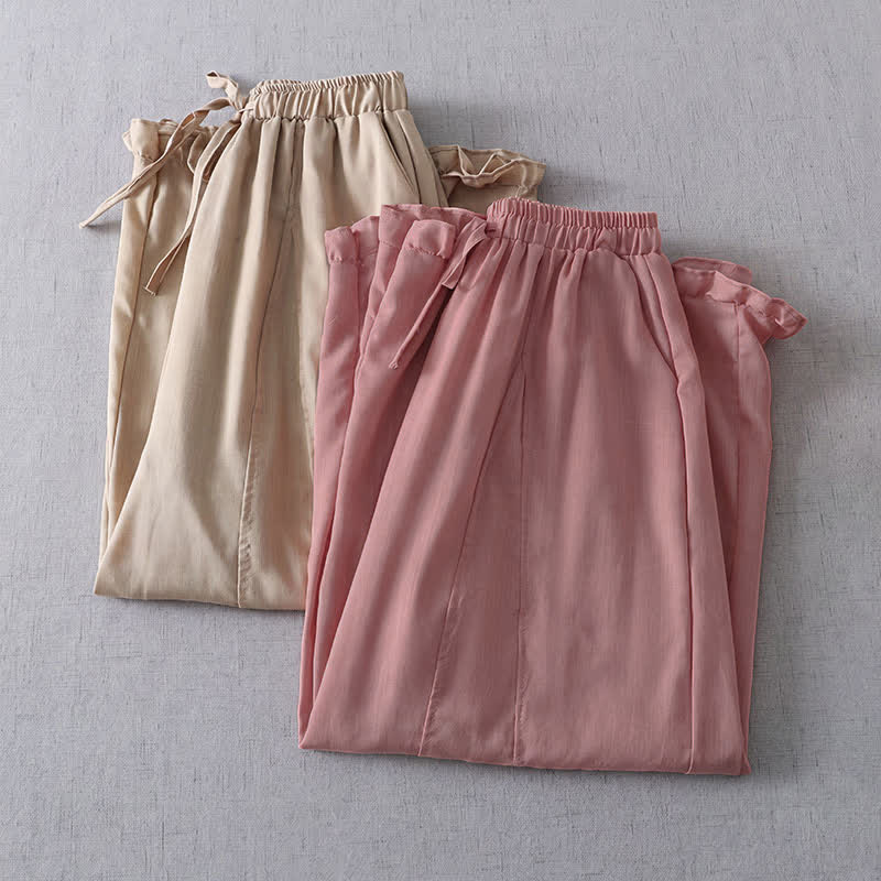 Buddha Stones Spring Summer Casual Minimalist Drawstring Solid Cropped Pleated Cuff Pants Women's Wide Leg Pants With Pockets - image 8