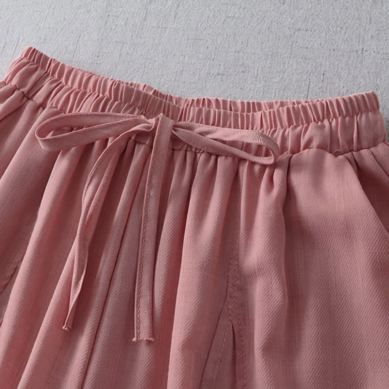Buddha Stones Spring Summer Casual Minimalist Drawstring Solid Cropped Pleated Cuff Pants Women's Wide Leg Pants With Pockets - image 4