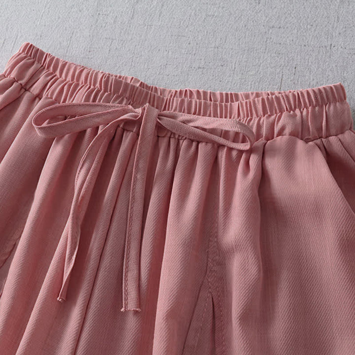 Buddha Stones Spring Summer Casual Minimalist Drawstring Solid Cropped Pleated Cuff Pants Women's Wide Leg Pants With Pockets - image 4