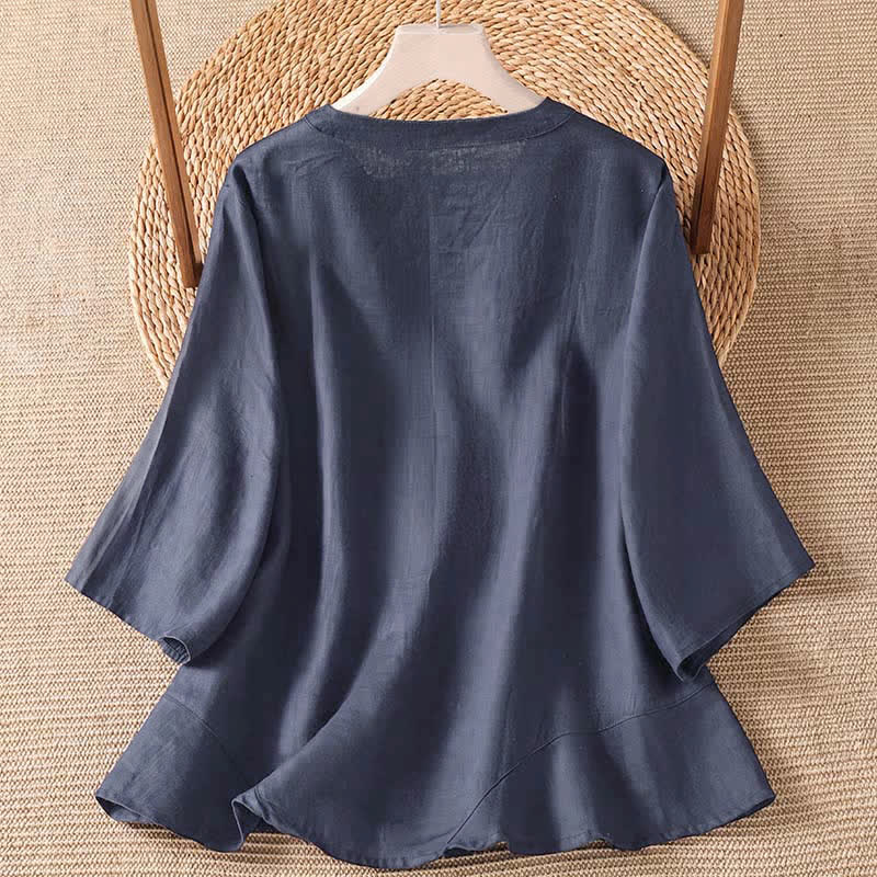 Buddha Stones Summer Casual Minimalist Button-Up Solid Women's Elbow-Length Sleeve Shirts - image 4