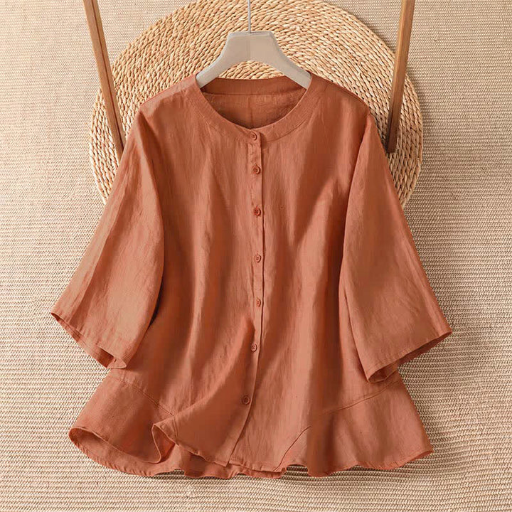 Buddha Stones Summer Casual Minimalist Button-Up Solid Women's Elbow-Length Sleeve Shirts - Peru - US8-10, UK/AU12-14, EU40-42 (2XL) - image 0