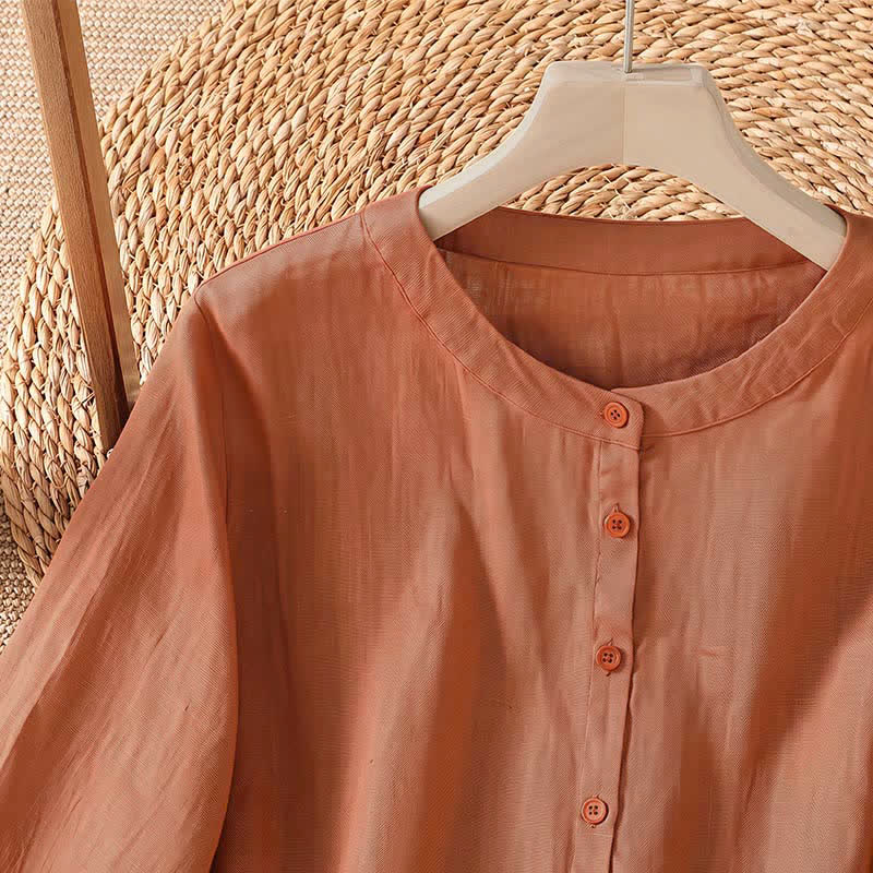 Buddha Stones Summer Casual Minimalist Button-Up Solid Women's Elbow-Length Sleeve Shirts - image 2