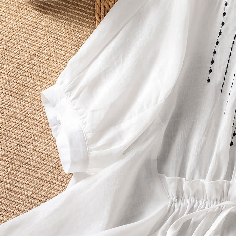 Buddha Stones Summer Casual Boho Button-Up Drawstring Solid Flared Hem Women's Short Sleeve Shirts - image 9