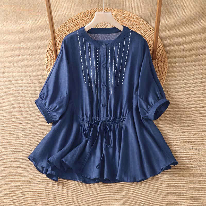 Buddha Stones Summer Casual Boho Button-Up Drawstring Solid Flared Hem Women's Short Sleeve Shirts - MidnightBlue - US8-10, UK/AU12-14, EU40-42 (2XL) - image 0