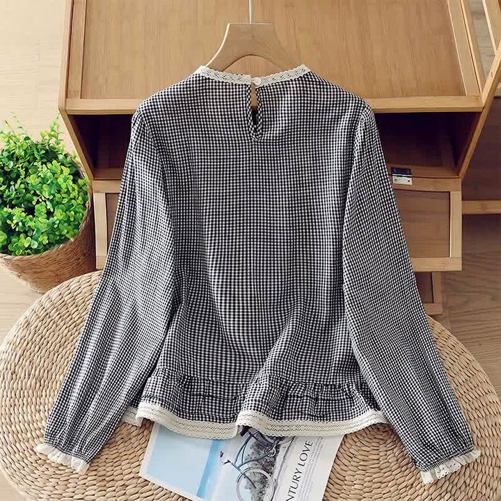 Buddha Stones Spring Fall Vintage Elegant Plaid Lace Trim Women's Long Sleeve T-Shirt - image 1